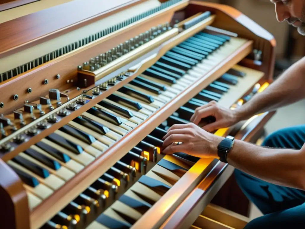 Un experto artesano ensambla con minuciosidad las partes internas de un órgano Hammond, evocando el legado del órgano Hammond en soul