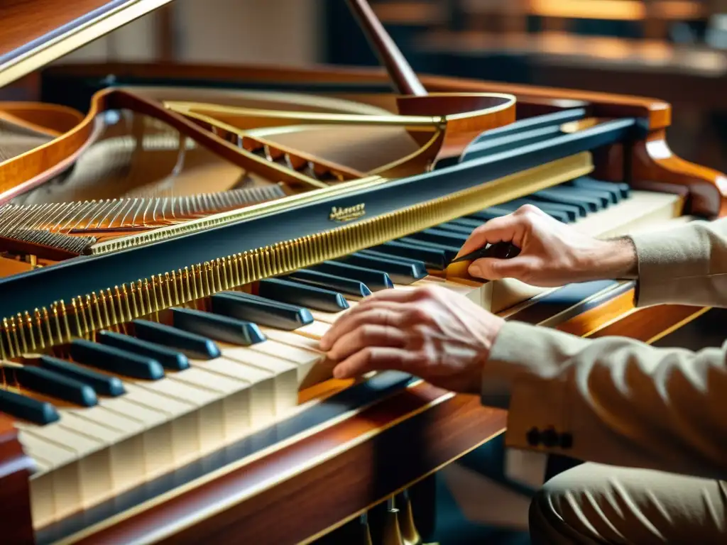 Un experto artesano de pianos ajusta con precisión los intrincados detalles del piano de cola