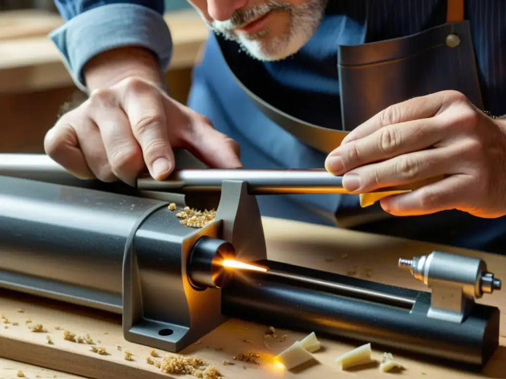 Un experto artesano moldea con precisión una flauta de plástico, destacando el impacto del plástico en instrumentos de viento