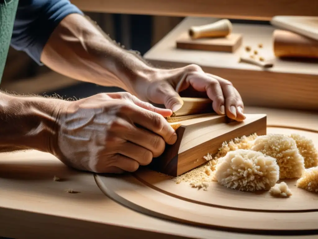 Experto artesano tallando con precisión una pieza de madera sostenible para la construcción sostenible de arpas