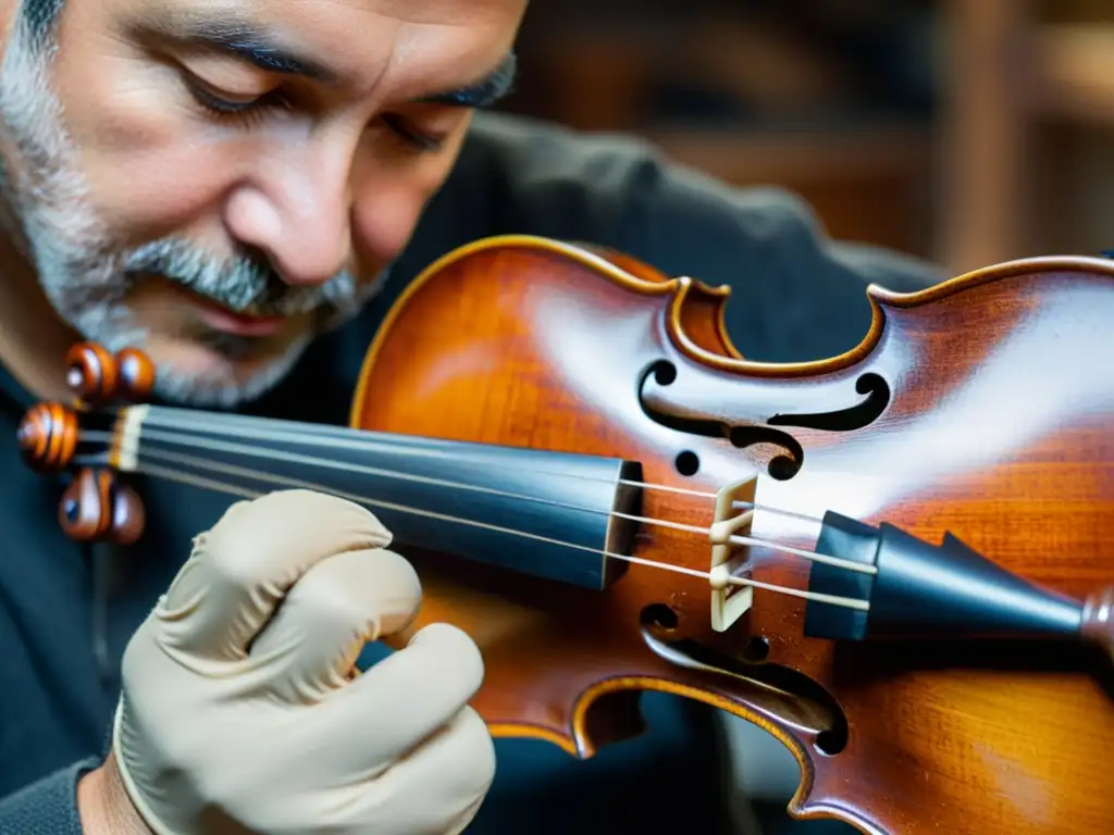 Un experto artesano restaura con precisión un violín antiguo, resaltando la historia del instrumento y la habilidad necesaria