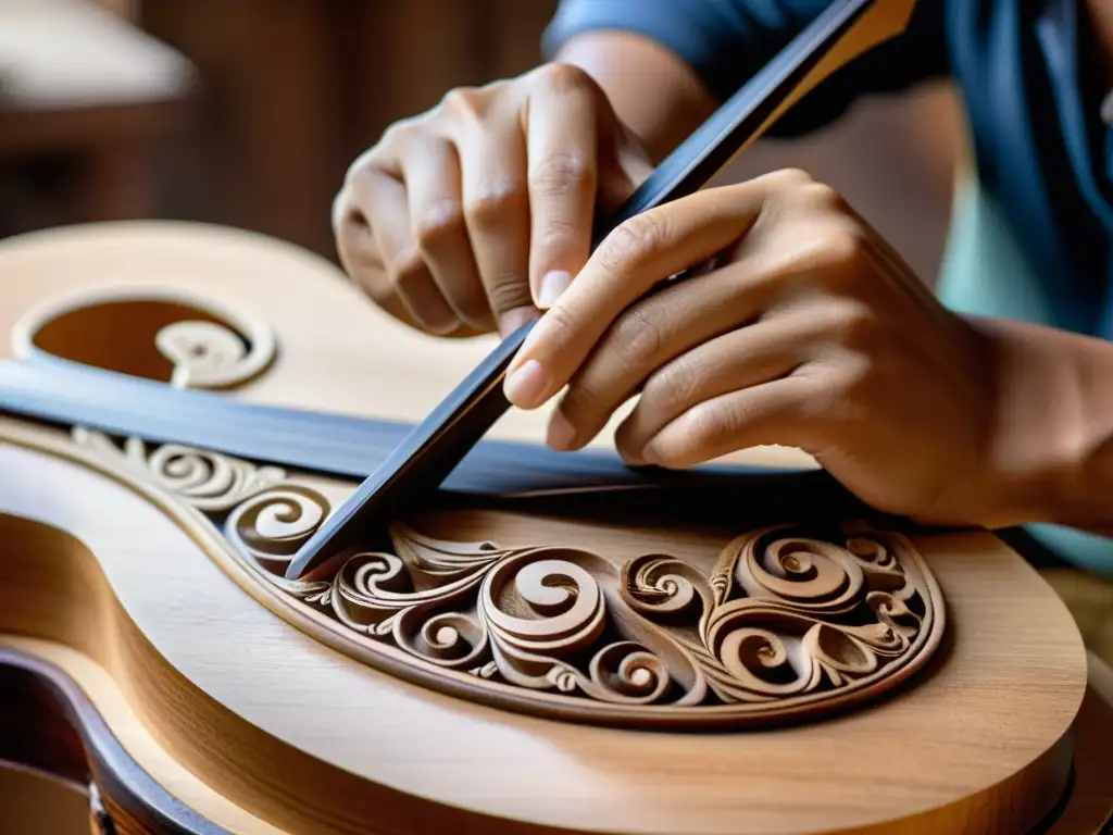 Artesano tallando detalladamente una rabeca brasileña Un experto artesano talla con destreza los detalles de una rabeca brasileña, mostrando la historia y construcción de este instrumento tradicional