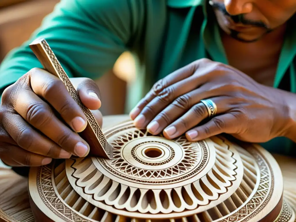 Un experto artesano talla con destreza el cuerpo de madera de un charango Andino, destacando la construcción del charango andino con autenticidad y maestría artesanal