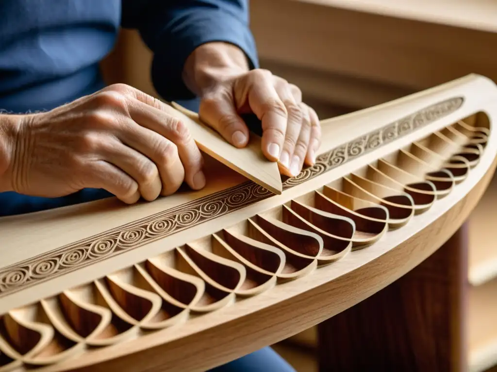 Un experto artesano finlandés esculpe con maestría un kantele tradicional, resaltando la historia y construcción del instrumento