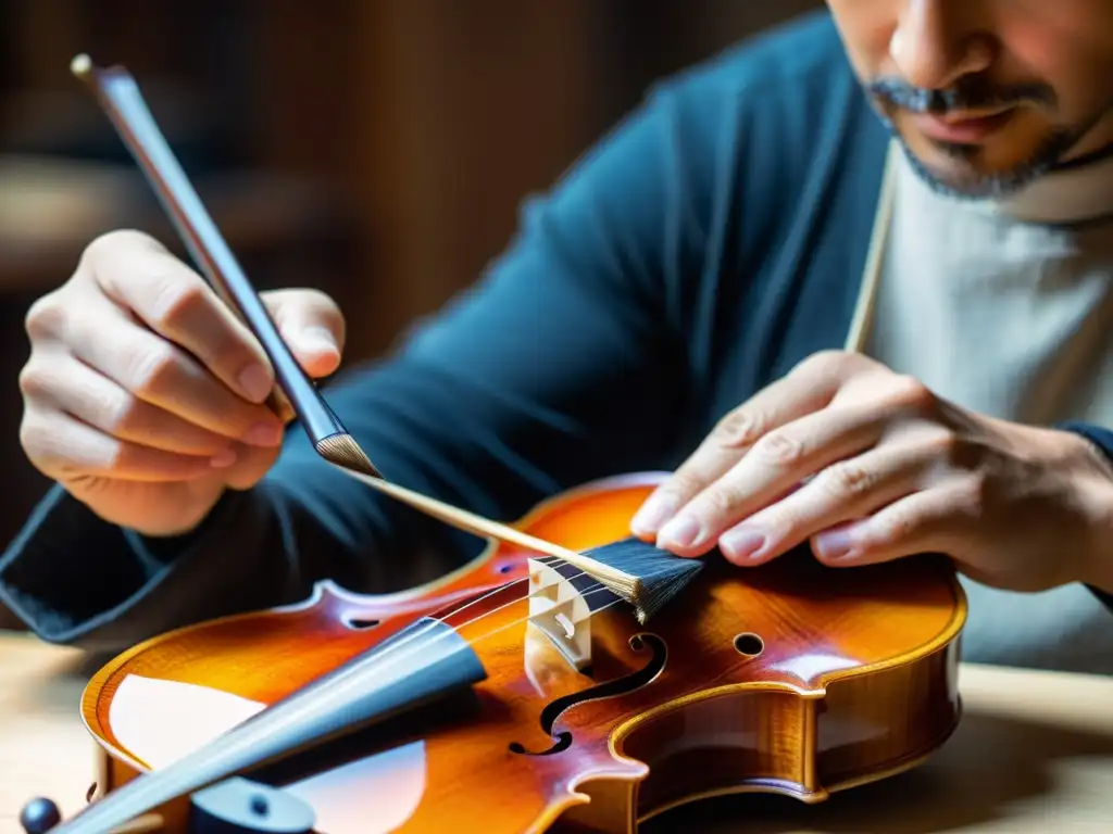 Experto luthier aplica cuidadosamente barniz a violín, resaltando la artesanía