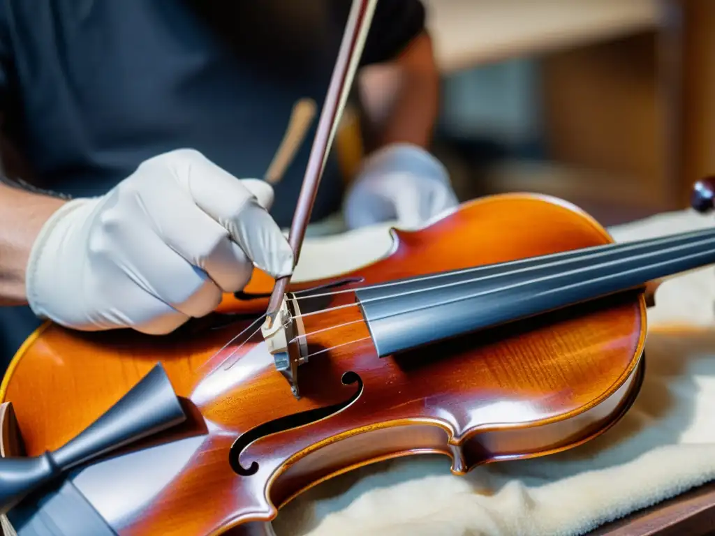 Un experto luthier aplica cuidadosamente barniz a un violín, mostrando las técnicas de barnizado en violines con maestría artesanal