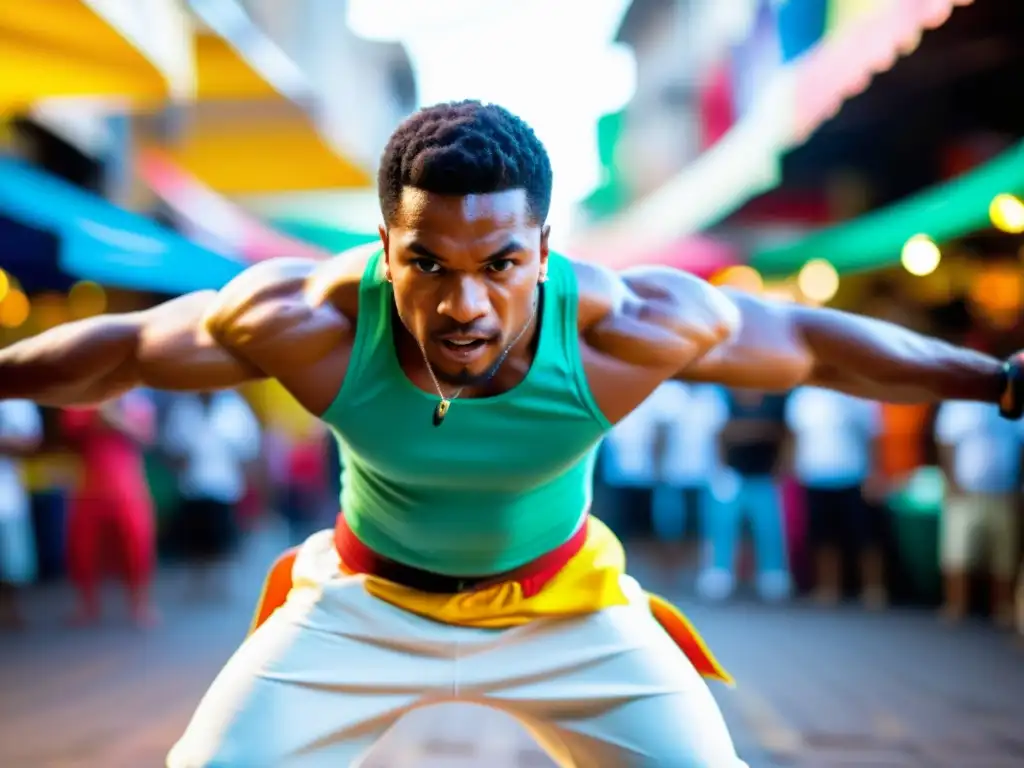 Un experto en capoeira ejecuta un patada en el aire en un animado mercado callejero de Brasil, con resonancias afro en la capoeira