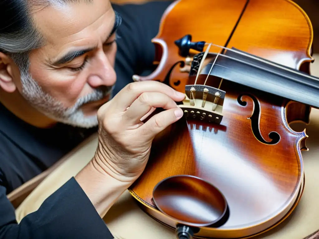 Un experto luthier restaura con cuidado un antiguo violín tallado, resaltando la preservación de instrumentos musicales patrimonio cultural