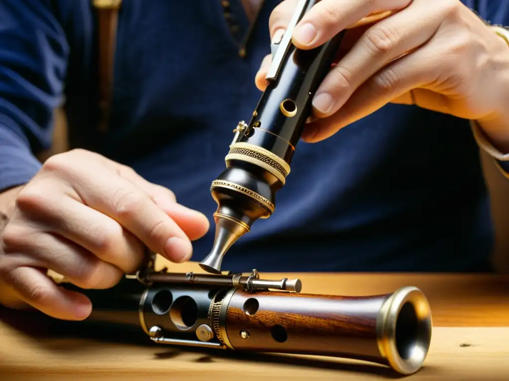 Experto restaurando con cuidado los intrincados mecanismos internos de un clarinete vintage, rodeado de herramientas delicadas y precisos instrumentos