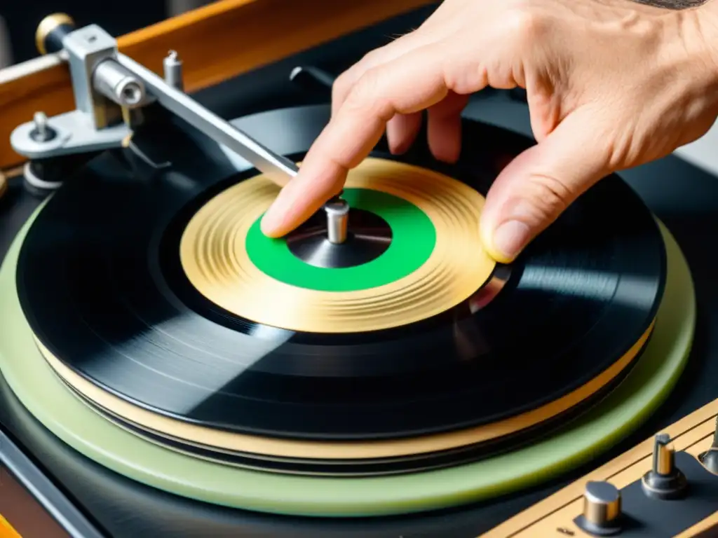 Un experto restaura con cuidado un vinilo vintage, mostrando la meticulosa restauración de grabaciones históricas