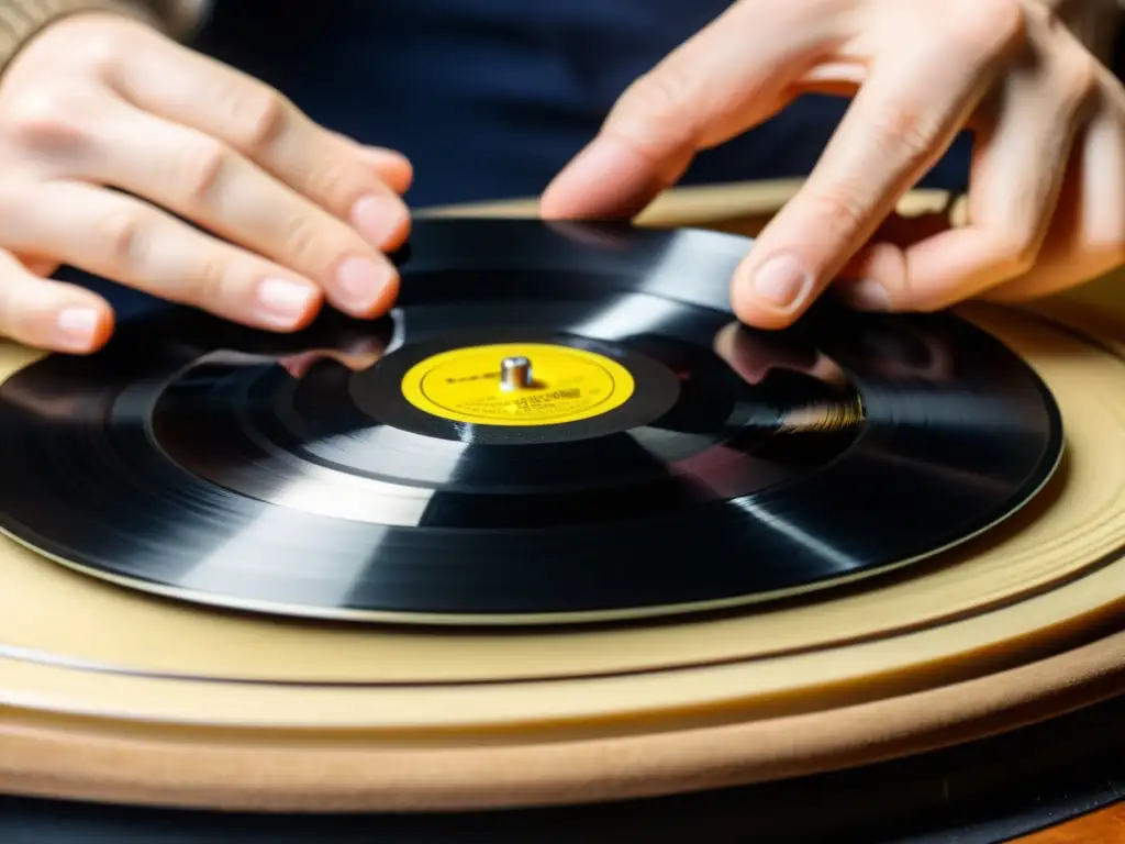 Un experto restaura con delicadeza un vinilo histórico dañado, mostrando la reconstrucción de grabaciones históricas dañadas