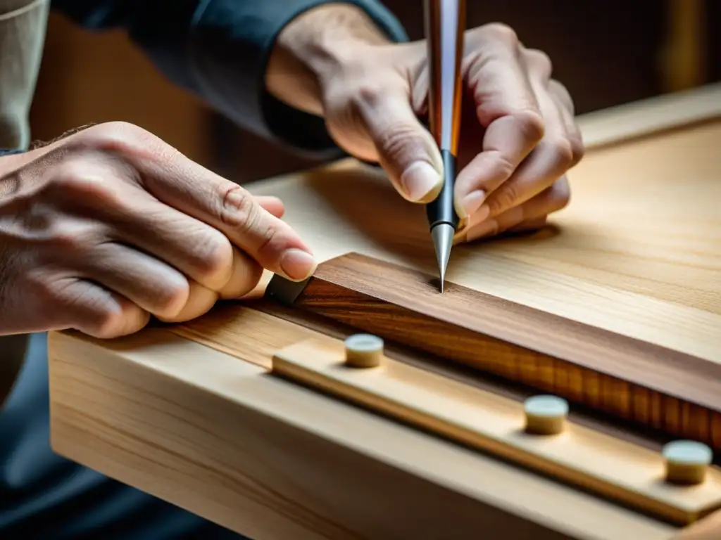 Un experto luthier aplica con destreza adhesivo en las delicadas juntas de un instrumento, mostrando las técnicas de unión adhesivos instrumentos con maestría y precisión