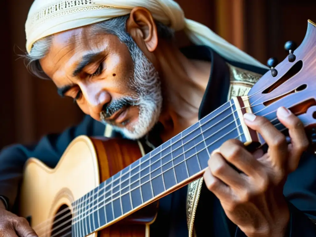 Experto músico árabe tocando el Oud con destreza, transmitiendo la rica tradición y técnica del Oud árabe en una atmósfera íntima