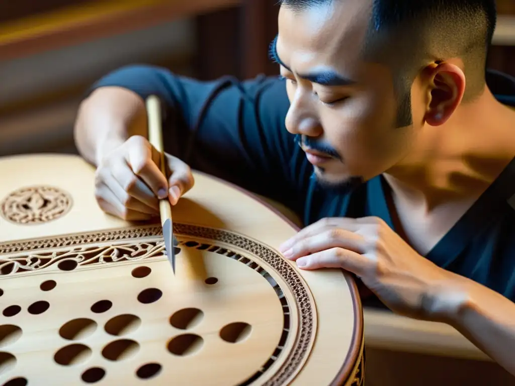 Experto luthier talla diseños en instrumento oriental con materiales tradicionales, reflejando arte y precisión