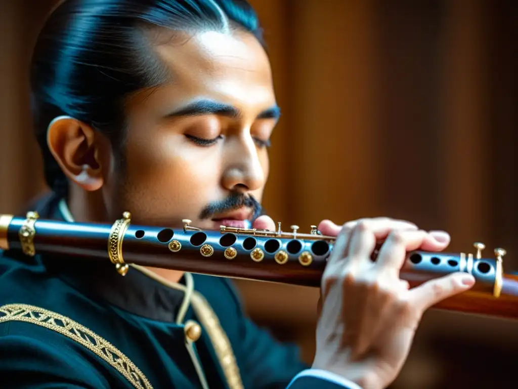 Experto flautista tocando una réplica de flauta travesera renacentista en detalle 8k, evocando la atmósfera de un salón de música histórico