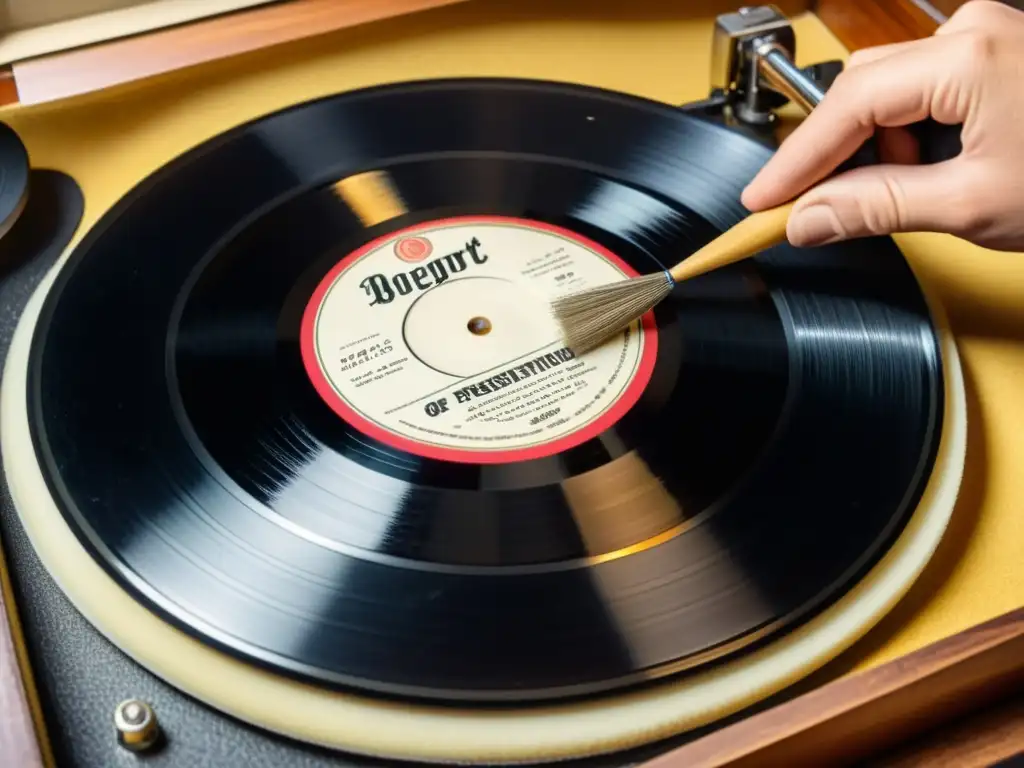 Experto en preservación de grabaciones antiguas música limpiando delicadamente un vinilo vintage