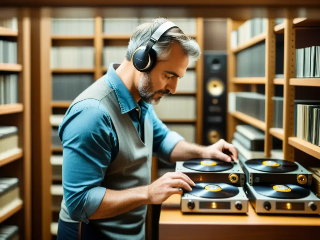 Un experto en restauración de grabaciones históricas trabaja con cuidado en una cinta vintage rodeado de equipo histórico y grabaciones clásicas