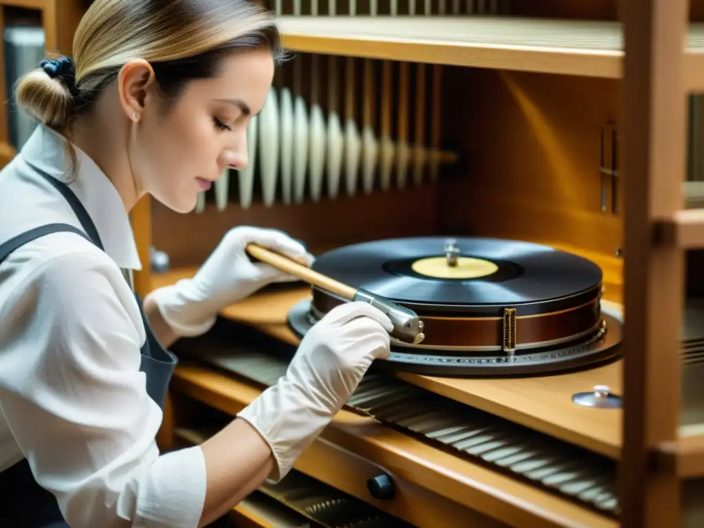 Un experto en preservación de grabaciones de instrumentos musicales restaura con cuidado una grabación vintage