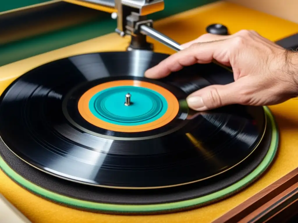 Un experto en preservación de grabaciones musicales históricas limpia con cuidado un vinilo vintage, revelando su textura e intrincados surcos