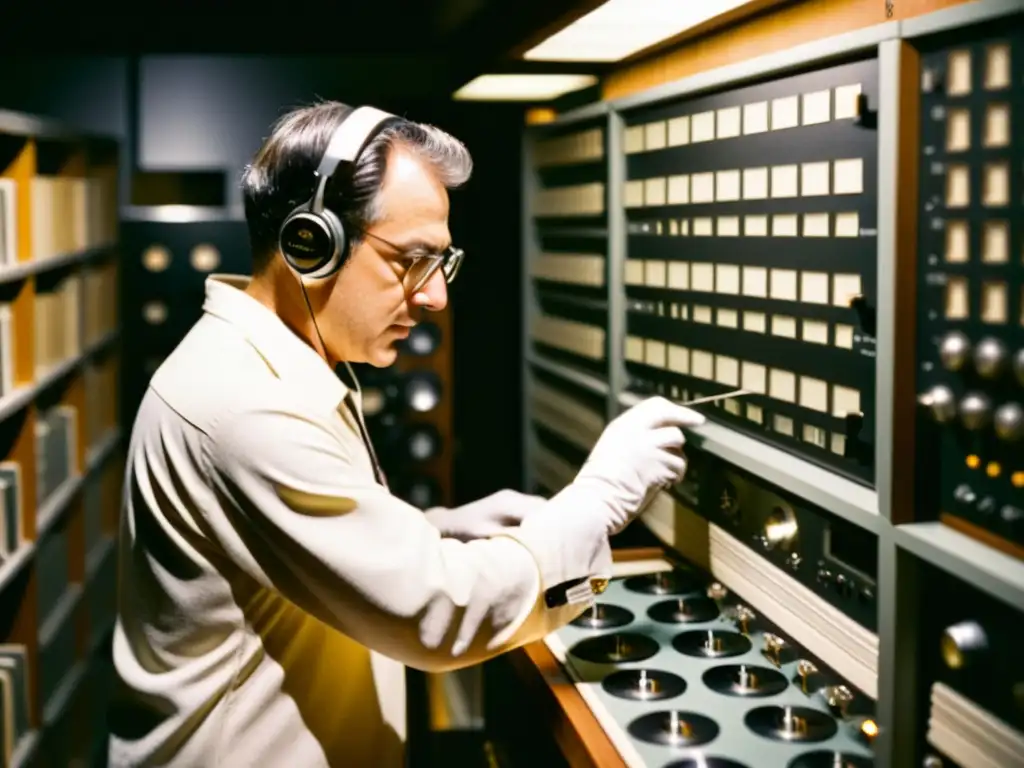 Experto en preservación de grabaciones de sonido examina detalladamente una antigua máquina de cinta en estudio de sonido