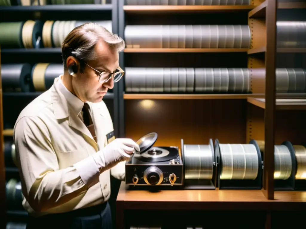 Un experto en preservación de grabaciones de sonido examina detenidamente una cinta vintage en una sala de archivos