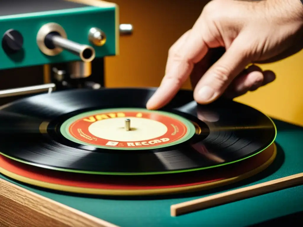 Un experto en restauración de grabaciones de sonido trata con cuidado un vinilo vintage, resaltando la meticulosidad de su labor