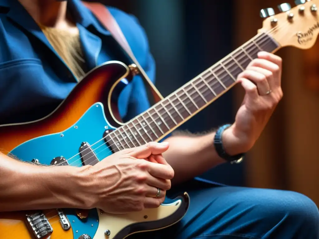 Un experto guitarrista de blues ejecuta con pasión técnicas de vibrato y bend en su guitarra eléctrica, envuelto en la intensidad de la música