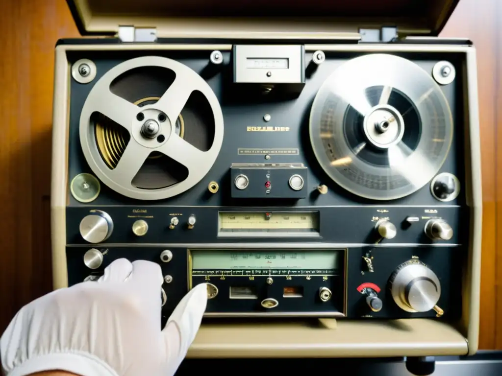 Restauración experta de grabadora vintage: detalle y dedicación Un experto restaura con habilidad un viejo grabador de cinta reel-to-reel, evitando errores comunes en la restauración de grabaciones