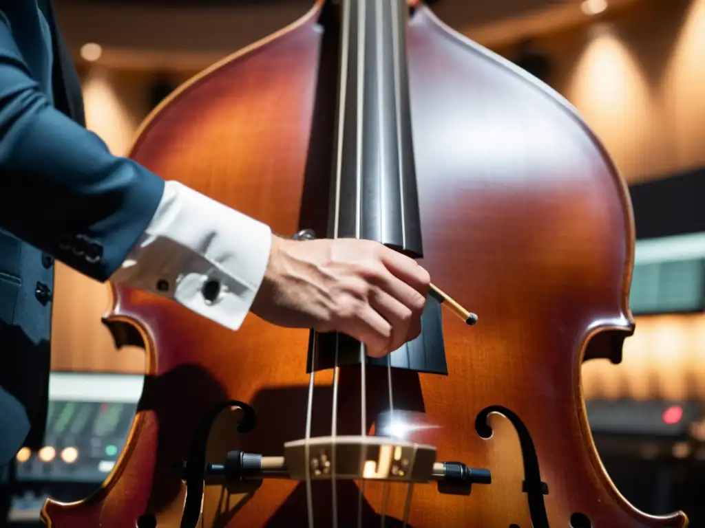 Un experto ingeniero de sonido ajusta el micrófono para capturar el rico sonido del contrabajo en un estudio profesional