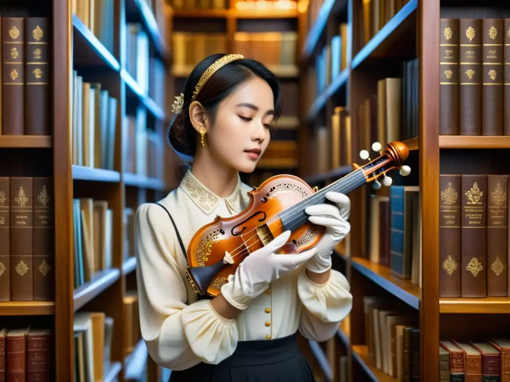 Un experto cuida un instrumento musical antiguo en una biblioteca histórica, transmitiendo reverencia y conocimiento de raros instrumentos musicales