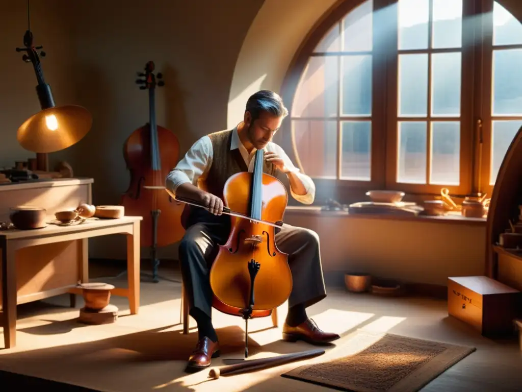 Un experto lutier talla delicadamente intrincados diseños en el cuerpo de un violonchelo vintage, rodeado de herramientas especializadas y virutas de madera, con la cálida luz del sol que entra por la ventana del taller, proyectando sombras dramáticas en la escena