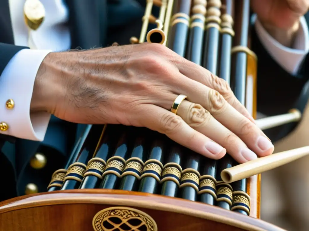 Experto músico toca launeddas, instrumento tradicional de madera de Cerdeña, evocando historia y sonido en sus manos hábiles