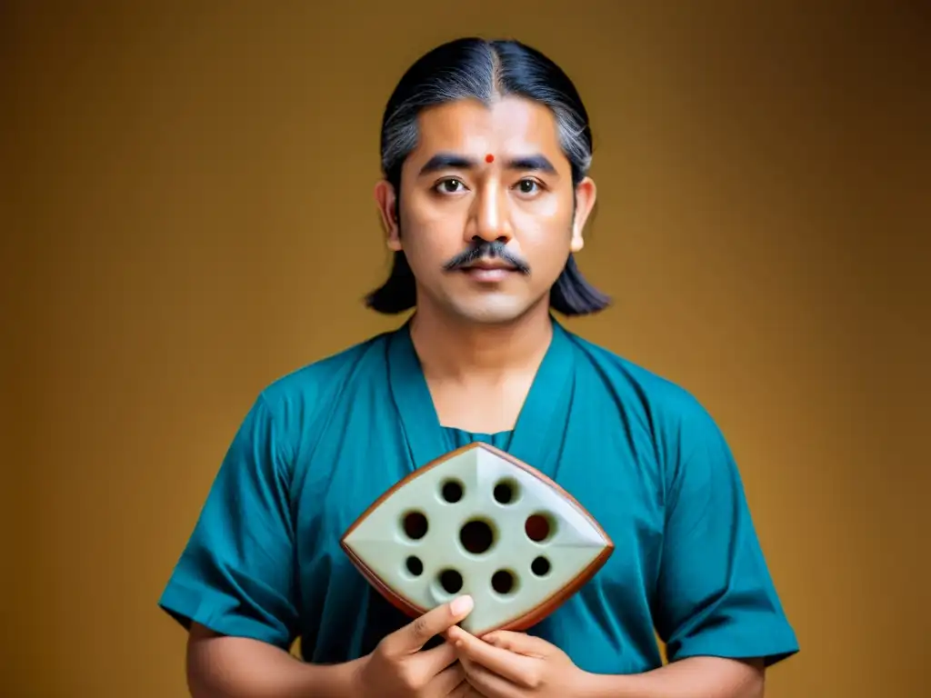 Experto músico demostrando técnicas de ejecución de ocarina viento con concentración y destreza, evocando sus orígenes ancestrales