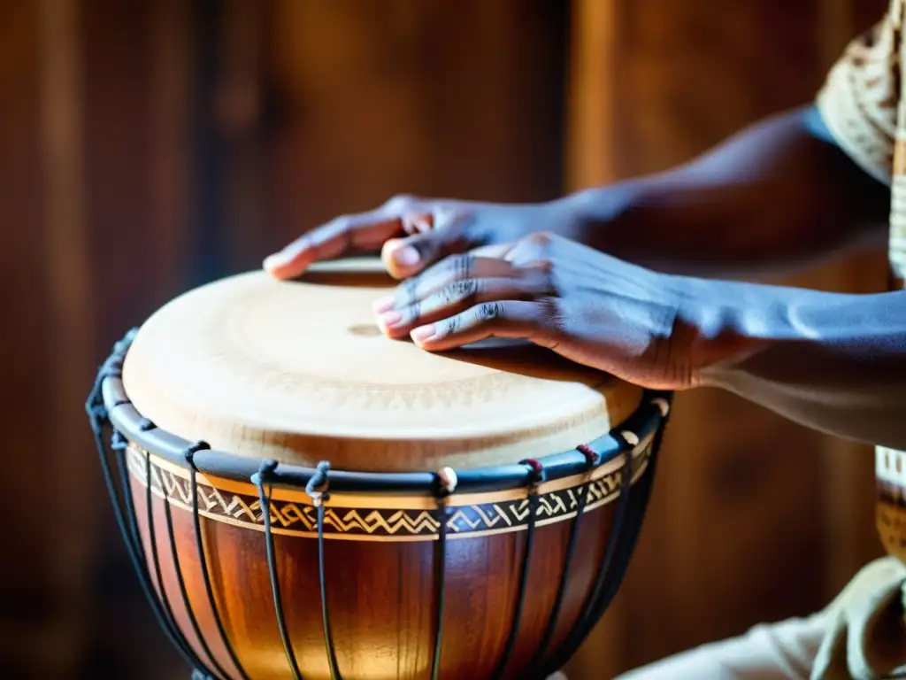 Un experto percusionista toca un djembe africano, mostrando las intrincadas carvings y patrones del tambor