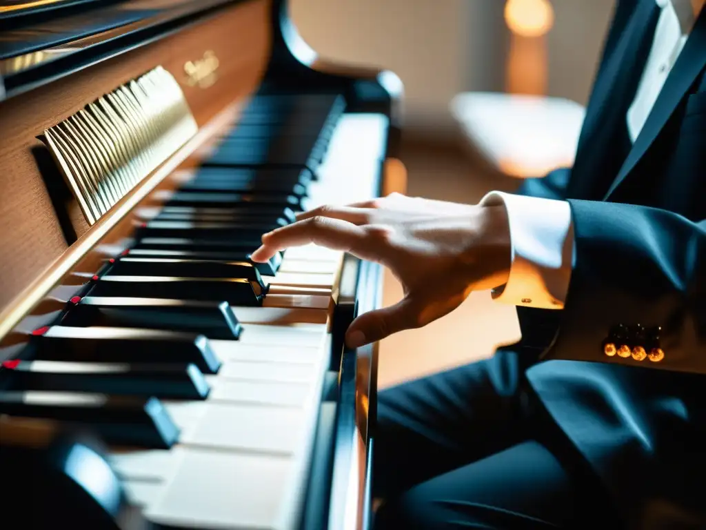 Experto pianista dominando técnicas de mano izquierda teclado con gracia y concentración en un piano de cola iluminado