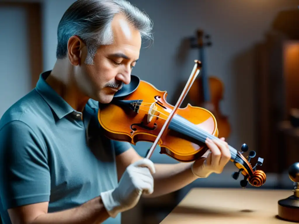 Un experto luthier escanea con precisión una antigua violín en su taller, fusionando tradición lutería con escaneo 3D para restauración