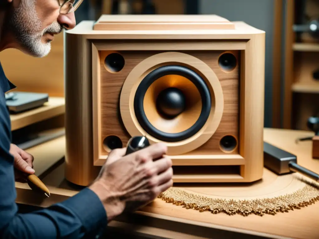 Un experto luthier talla con precisión un gabinete de altavoz de madera, rodeado de virutas, resaltando el diseño de altavoces para instrumentos