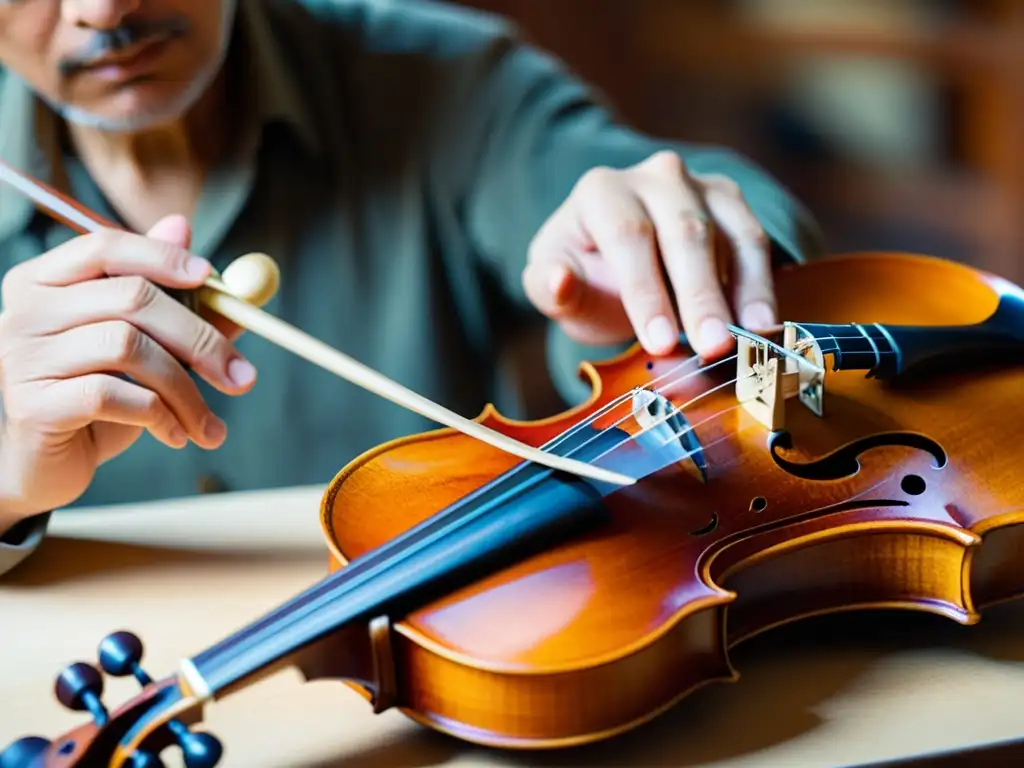 Un experto restaurador aplica barniz a un violín antiguo, resaltando la meticulosa restauración de instrumentos históricos conservación