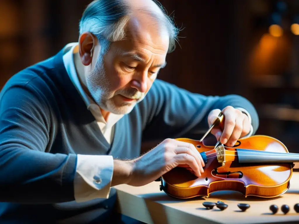 Un experto restaurador de instrumentos musicales contemporáneos inspecciona minuciosamente un violín antiguo bajo una luz brillante