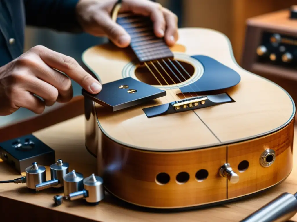 Experto luthier integrando sistema de audio en guitarra acústica, fusionando lo tradicional con lo moderno