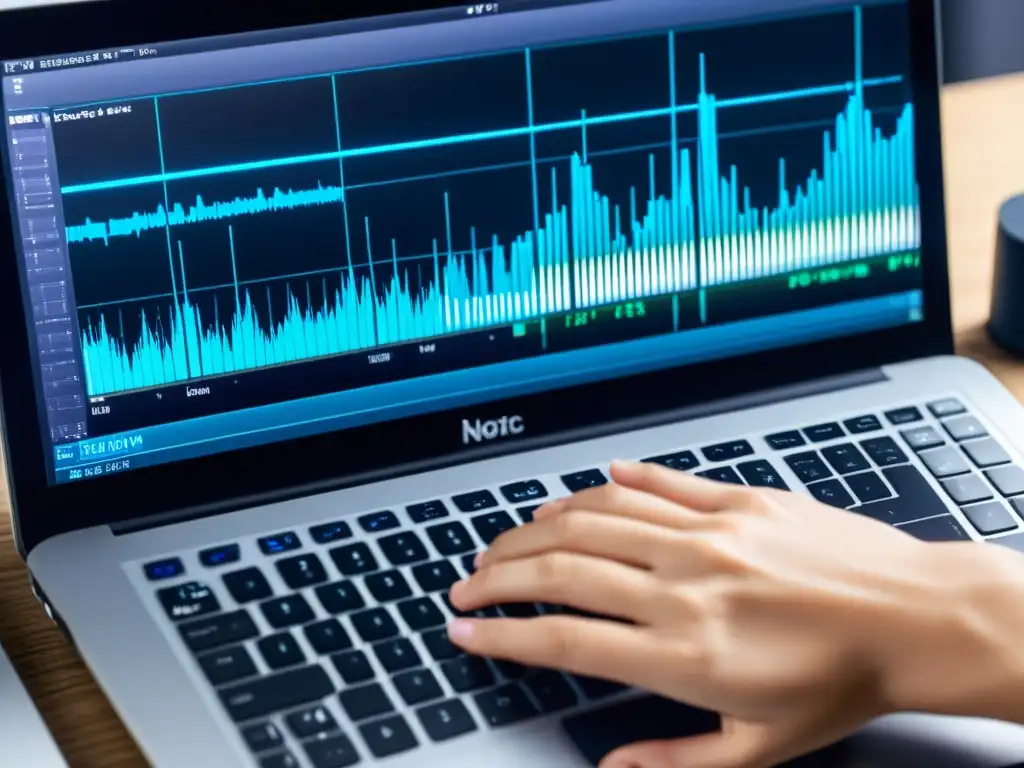 Un experto trabaja en un software de edición de audio mostrando técnicas de edición de instrumentos musicales con precisión y profesionalismo