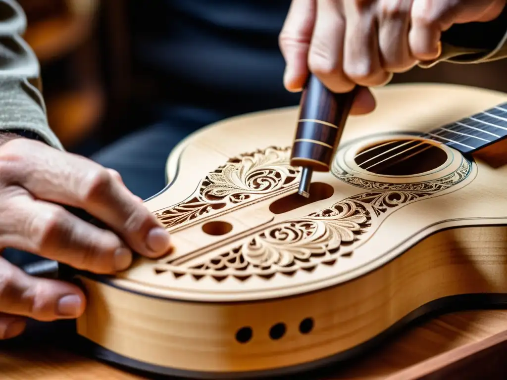 Un experto luthier talla con destreza la tapa armónica de una hermosa guitarra acústica, resaltando el diseño acústico para instrumentos musicales