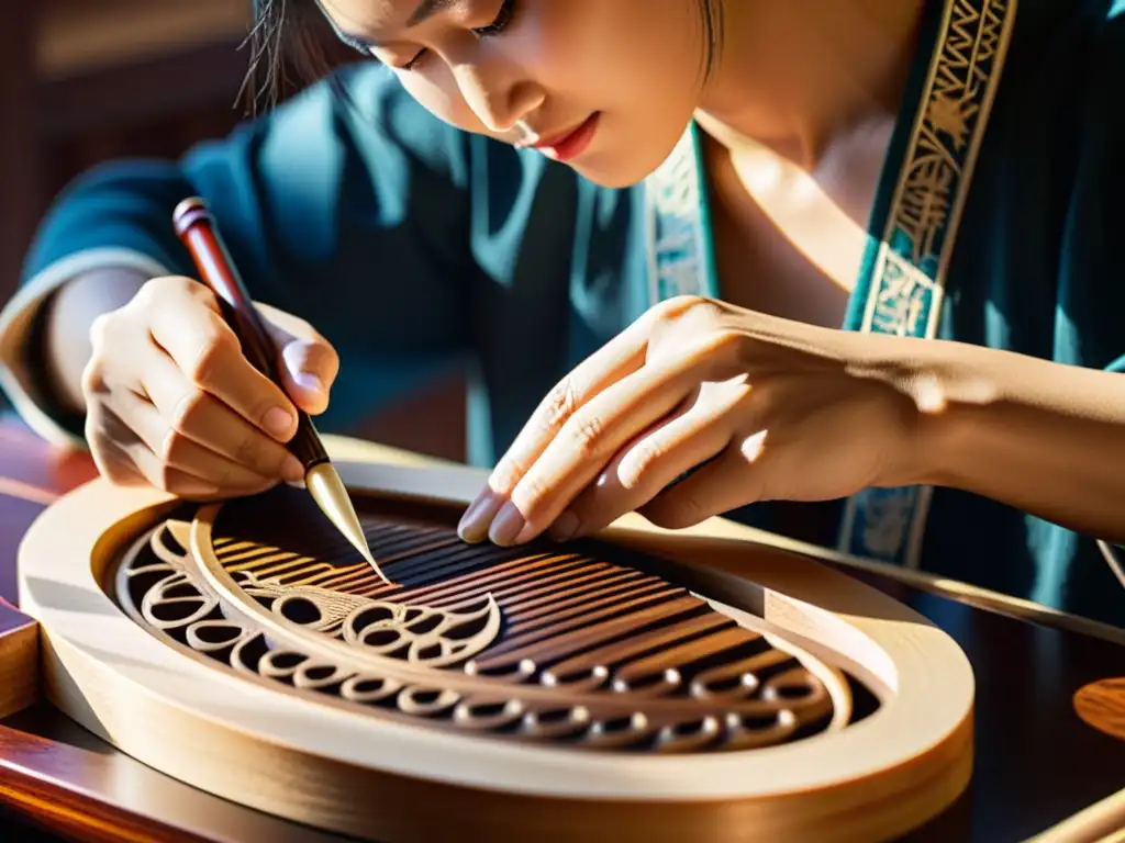 Experto talla diseños en la caja de resonancia de un Guzheng, mostrando la historia y sonido del guzheng con meticulosa artesanía