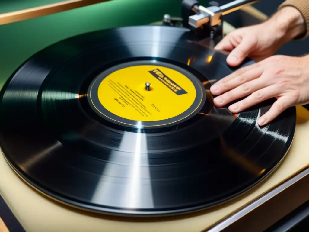 Experto preservando vinilo antiguo, cuidadosamente limpiando surcos