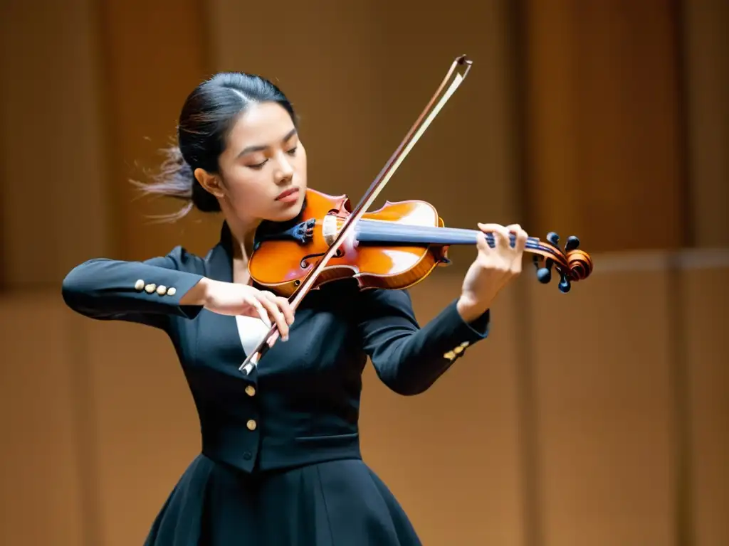 Experto violinista ejecutando la técnica ricochet en un violín, mostrando precisión y destreza en instrumentos de cuerda