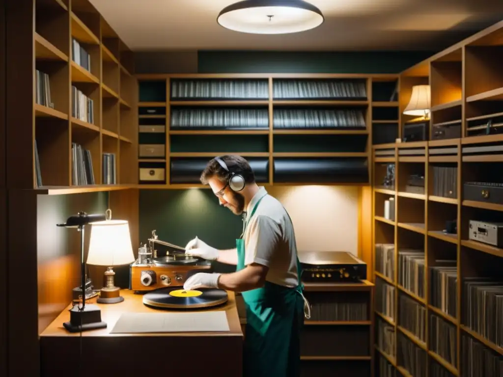 Expertos en preservación musical restauran vinilo en estudio de instituciones preservación musical mundo, rodeados de grabaciones históricas y equipo