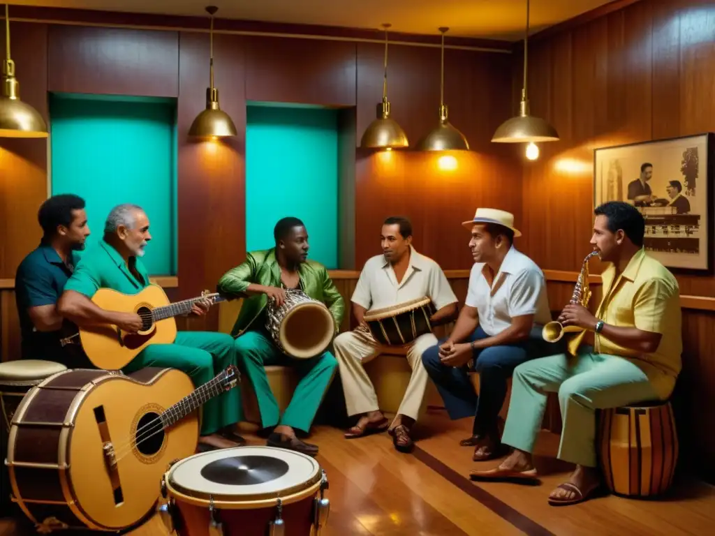 Expertos músicos cubanos tocando el ritmo del clave en un estudio tradicional, reflejando el origen y uso del clave en la salsa