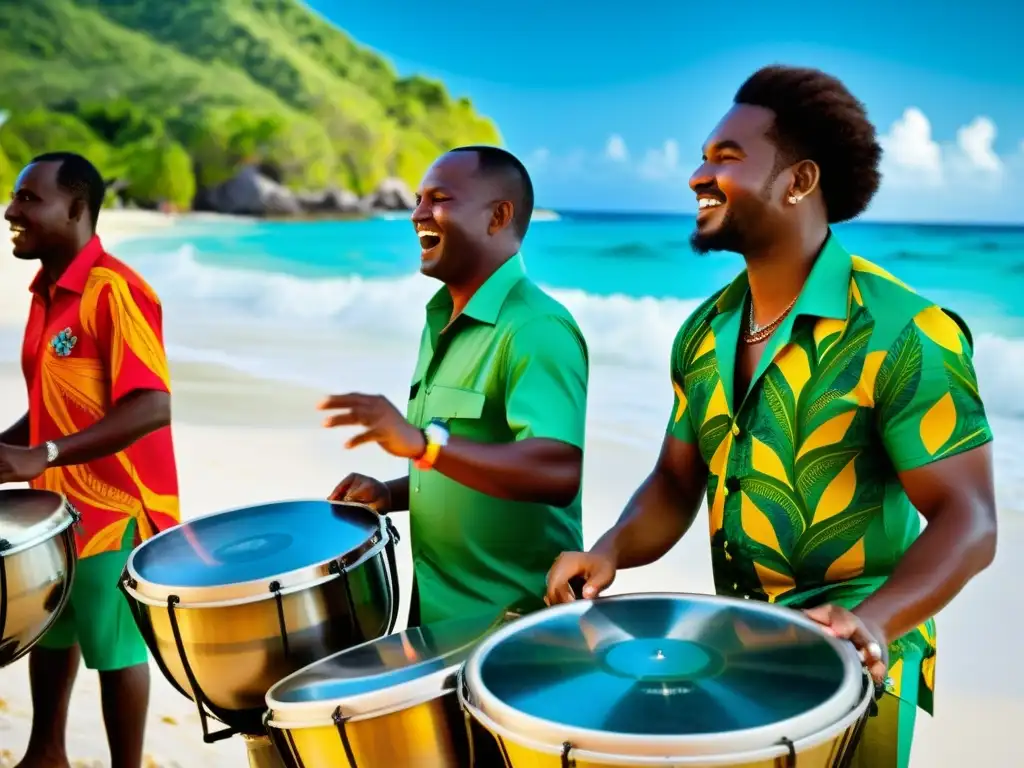 Expertos músicos tocando tambores de acero con patrones y diseños intrincados, en una vibrante playa caribeña, vistiendo ropa tradicional