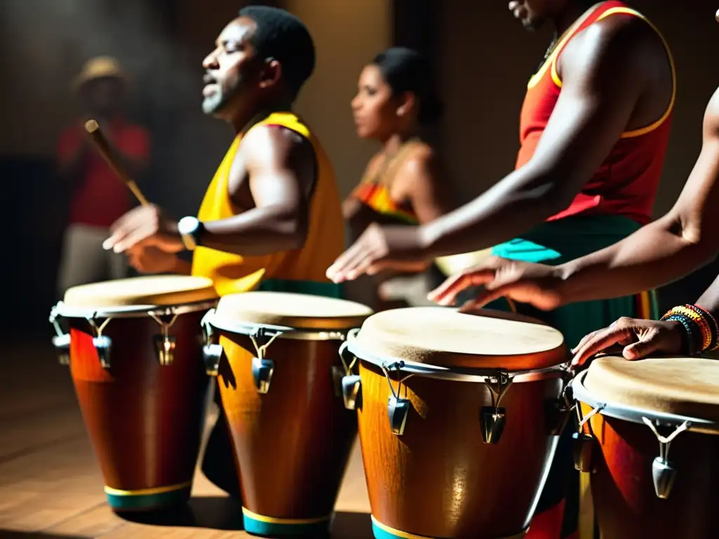 Expertos percusionistas uruguayos en una apasionada sesión de tambores de candombe, mostrando la riqueza cultural y técnicas de este arte