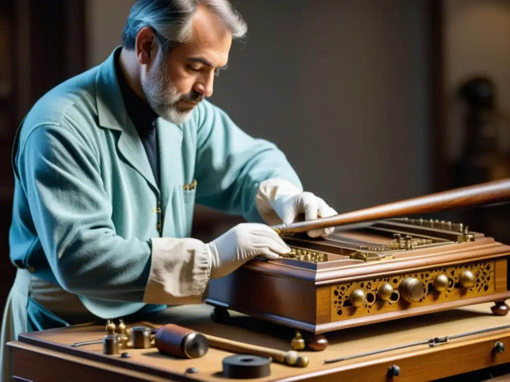 Expertos en restauración de instrumentos musicales cuidadosamente reparando y restaurando un instrumento histórico